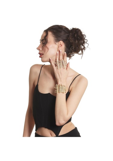 Kadın Mat Altın Kaplama Açık Bant Çit Model Bohem Bileklik &yüzük Set Altın