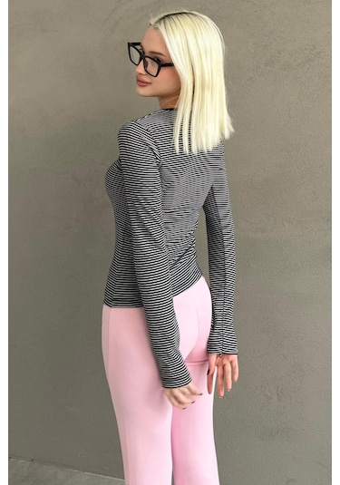 Siyah Çizgili Uzun Kollu Kadın Body Mg2657 Siyah