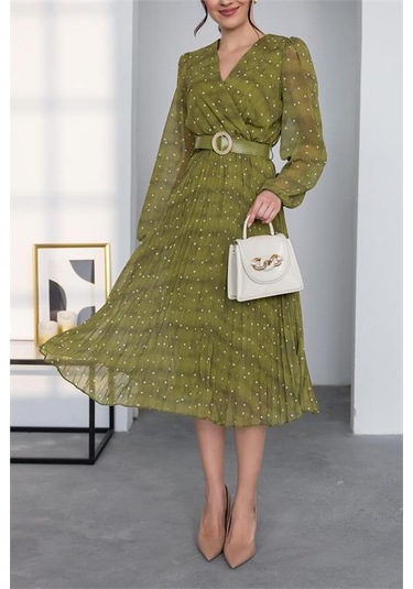 Neşeli Butik Kadın Kemerli Puantiye Desenli Şifon Elbise Nbmy3286 Yağ Yeşili