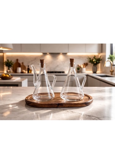 Qerhome Akasya Stantlı Borosilikat Cam Akasya Kapak Glazzy Yağlık Seti 500 Ml + 500 Ml Düz Şeffaf