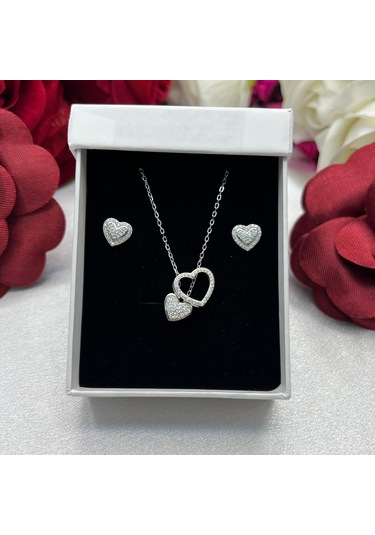 Açılabilir Kalp Kadın 2'li Seti 925 Ayar Gümüş Rodyumlu Zirkon Taşlı Gümüş