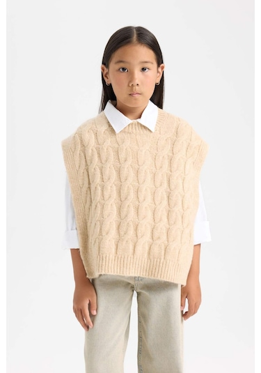 DeFacto 	Kız Çocuk Bisiklet Yaka Saç Örgüsü Desenli Triko Süveter C9659A824WNBG588 Bej