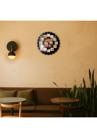 Cajuart Kahve Çeşitleri Metal Kapak Şeklinde Kabartma Duvar Saati Siyah