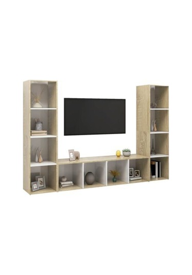 Er Kitaplıklı Televizyon Sehpası Ünitesi - Kitaplık-meşe Beyaz 180 Cm 12 Raflı Meşe - Beyaz