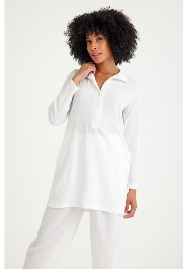 Barbora Günlük Rahat Baharlık Salaş Gömlek Yaka Elbise Bt405beyaz5 001