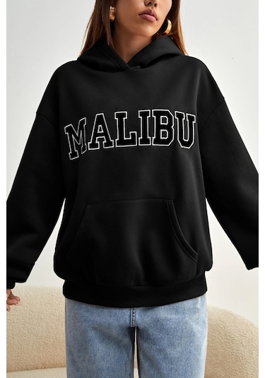 Malıbu Baskılı Oversize Sweatshirt Siyah