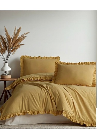 Oksit Sarı % 100 Pamuk Fırfırlı Keten Çift Kişilik Nevresim Takımı 200 X220 Sarı