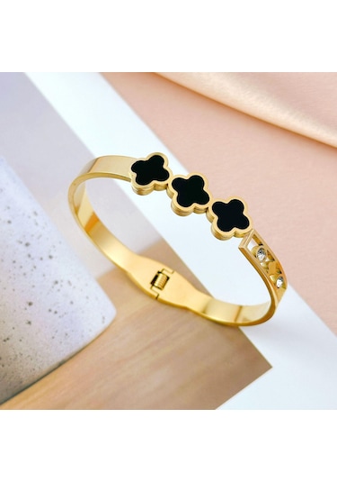 Altın Siyah Kabuk Üç Yonca Çim Kakma Pırlanta Titanyum Çelik İçi Boş Bileklik Altın