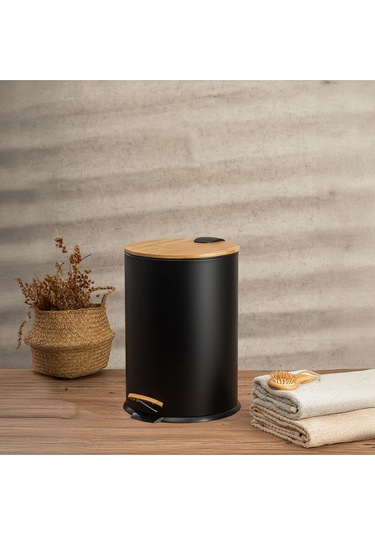 Bambu Kapaklı Pedallı Metal Çöp Kovası - 12 Lt. - Siyah Siyah