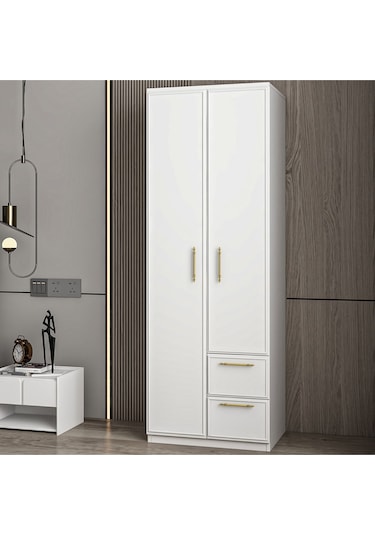 Vespera Çıta Detaylı, 2 Kapaklı, Çekmeceli Gardırop Beyaz, 60 Cm
