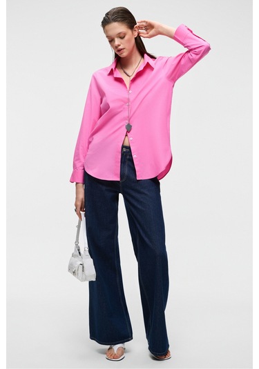DELFINO Kadın Oversize %100 Organik Pamuk Uzun Kollu İnce Uzun Pembe Gömlek
