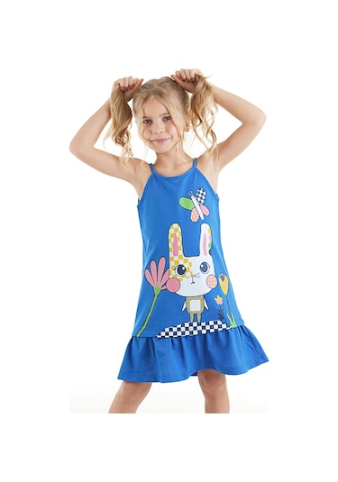 Denokids Damalı Tavşan Kız Çocuk Elbise Mavi