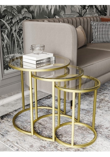 Dekoport Milas Mat Gold Zigon Sehpa - Temperli Şeffaf Cam Gold