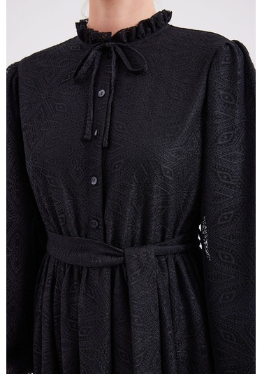 Bigdart 2509 Uzun Dantelli Tesettür Elbise - Siyah 001