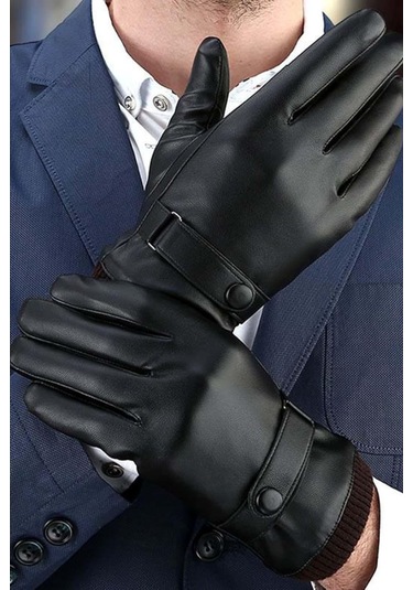 Erkek Kalın İçi Polar Lüks Model Kalın Deri Eldiven Kar Eldiveni Siyah