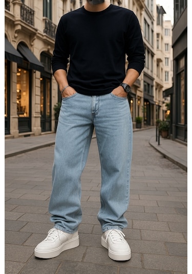 Baggy Buz Mavi Renk Rahat Kesim Erkek Jeans Pantolon-1794 Buz Mavisi