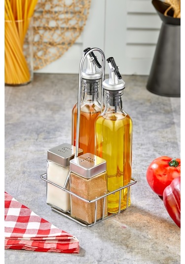 Cooker 5 Parça Standlı Cam Yağdanlık Sirkelik Sosluk Baharatlık Seti Ckr2957 Gri