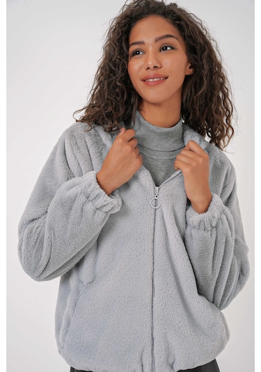 Gabria Kapüşonlu Pelüş Mont Açık Gri
