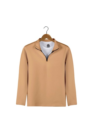 Erkek Bej Yarım Fermuarlı Basic Düz Sweatshirt Bej