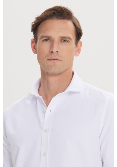 AC&Co / Altınyıldız Classics Erkek BEYAZ Slim Fit Dar Kesim İtalyan Yaka Armürlü Pamuklu Basic Gömlek Beyaz