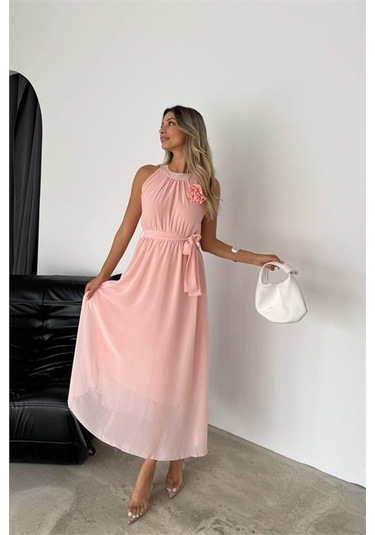 Kadın Astarlı Sıfır Kol Şifon Elbise Dpnbk2144 Pudra