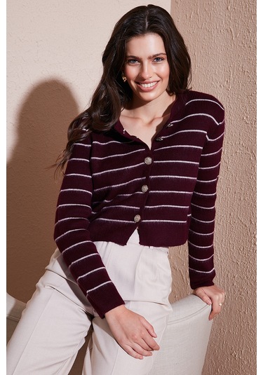 Lela Standart Fit Çizgili Yumuşak Dokulu Crop Triko Bayan Hırka 4615551 Bordo