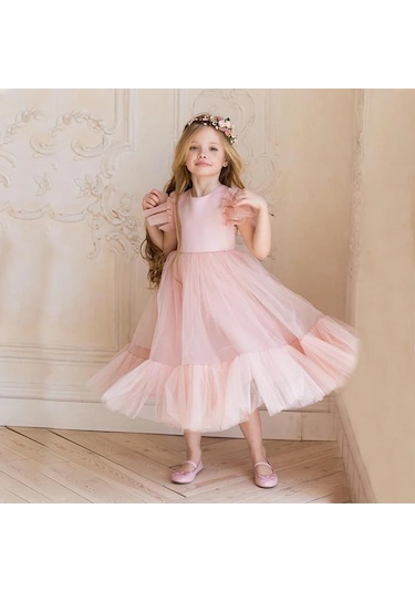 Lozere Kız Çocuk Amerikan Satenli Tüllü Abiye, Kız Çocuk Abiye, Mezuniyet Elbisesi Balo Elbisesi A.Yeşil