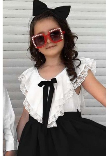 Riccotarz Kız Çocuk V Yaka Omuzları Ve Etek Ucu Dantel İşlemeli Siyah Elbise Siyah