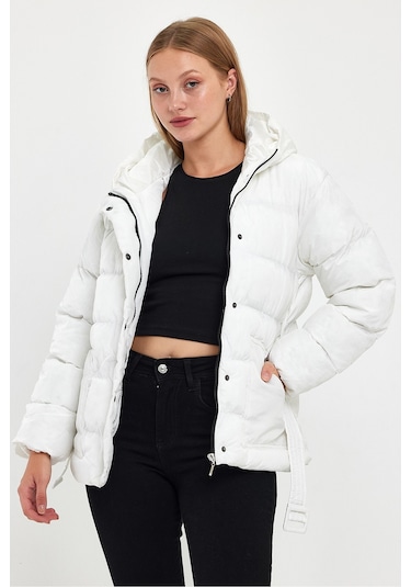 Alisse-kadın Ekru Kapüşonlu Kemerli Şişme Mont Kaban Ekru