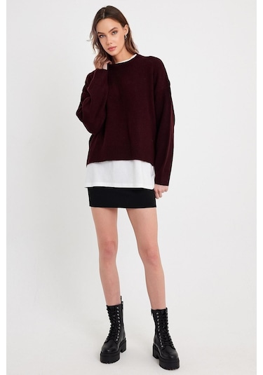 Bordo Bisiklet Yaka Basic Triko Kazak