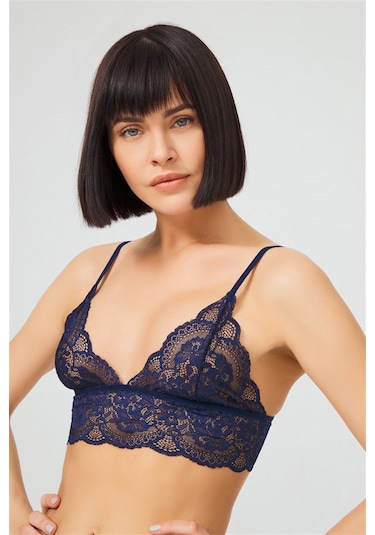 Lacivert Dantelli Transparan Balensiz Kadın Sütyen Takımı Lacivert