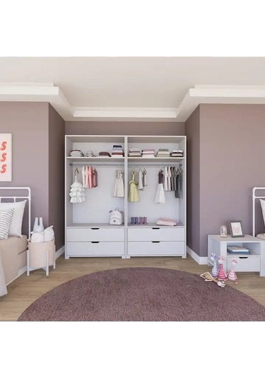 Duru Mat Beyaz 4 Kapılı 4 Çekmeceli Elbise Dolabı - Gardırop Seti Beyaz