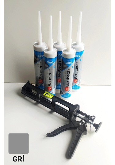 5 Adet Gri Silikonize Mastik Çekomastik + Silikon Tabancası Gri Gri