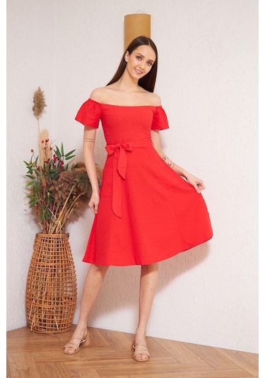 Darlin Moda Kırmızı Omzu Açık Elbise Dm1008 Kırmızı