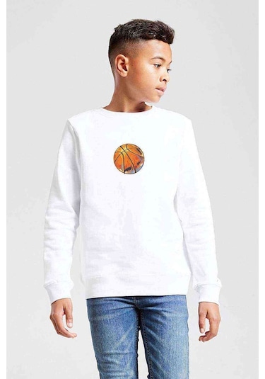 Basketball Clipart With Splatter Baskılı Unisex Çocuk Beyaz Swea Beyaz