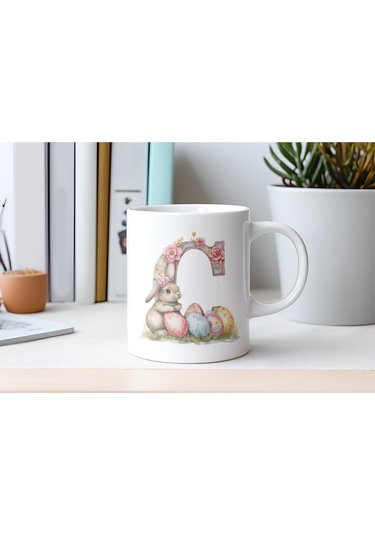 C Harfli Tavşan Kupa - Patchwork / Yamalı Desenli İsme Özel Kupa - Pastel Vintage Tarz Hediyelik Beyaz