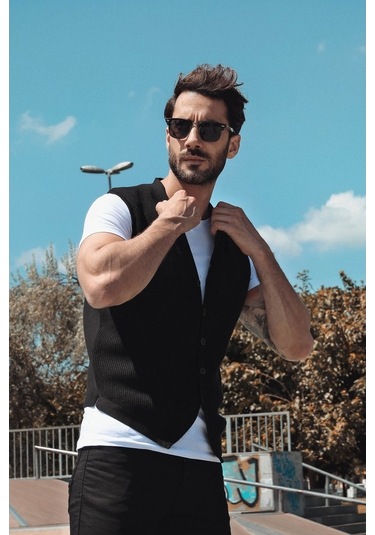 Ferraro Desenli Pamuk Triko Yelek - Siyah-Siyah