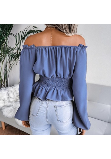 İlkbahar Ve Sonbahar Kadın Bluz Uzun Kollu Seksi Tek Boyun Straplez Hem Fırfır Şifon Bluz Tops Şarap Kırmızısı