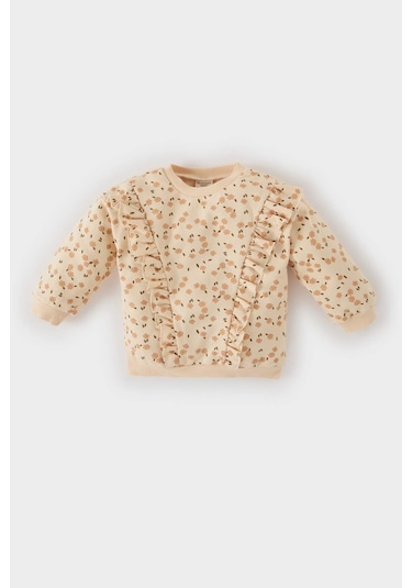 DeFacto Kız Bebek Bisiklet Yaka Çiçek Desenli İçi Yumuşak Tüylü Sweatshirt D7186A524WNBG744 Bej
