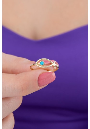 14 Ayar Altın Büyük Firuze Taş Detaylı Balık Yüzük Pembe Altın