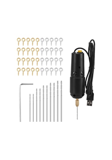 Kangvka Siyah Usb Minik Elektrikli Matkap - 10 Adet Matkap Ucu 0.8-1.2mm Ve 50'er Adet Altın/gümüş Kuyrukli Çivi İle Taş, Perde, Pırlanta Delme