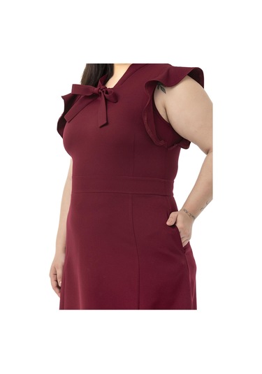 Büyük Beden Yakası Fularlı Kolları Volanlı Midi Bordo Elbise Bordo