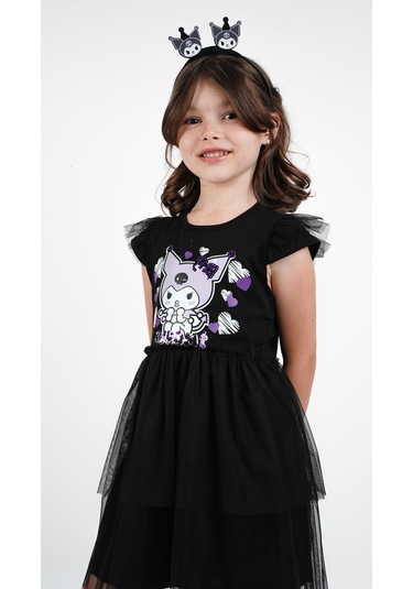Kuromi Siyah Tül Detaylı Kısa Kollu Kız Çocuk Elbisesi Siyah