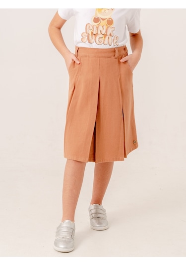 Kız Çocuk Gabardin Pileli Keten Etek 2958 Bej