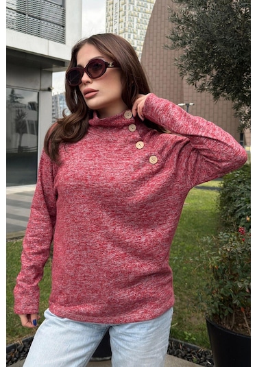Kadın Kırmızı Kendinden Desenli, Yumoş Kumaş, Uzun Kol, Düğme Detaylı, Boğazlı Bluz Kırmızı