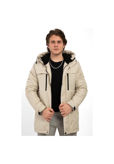 Erkek Polarlı Kürklü Su Ve Rüzgar Geçirmez Kapüşonlu Kışlık Mont & Kaban & Parka Taş