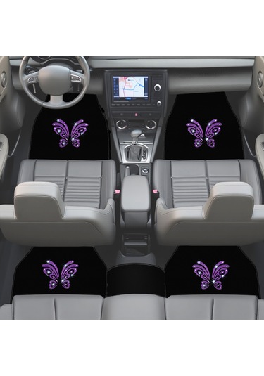 Kadın Sürücülere Özel: Mor Kelebek Zarafeti & Taşlı Siyah Oto Halı Paspas Seti 5 Parça Nakışlı
