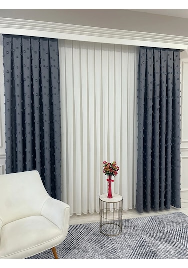 Brillant Carla Puffy Püsküllü Perde İstenilen Tüm Ölçülerde Koyu Gri Koyu Gri