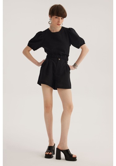 Stella Pulvis Siyah Keten Karışımlı Beli Lastik Detaylı Balon Kol Bluz