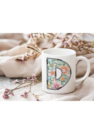 D Harfli Pastel Çiçek Desenli Kahve Kupası - Kişiye Özel Çiçekler Koleksiyonu Bardak - Hediye Beyaz